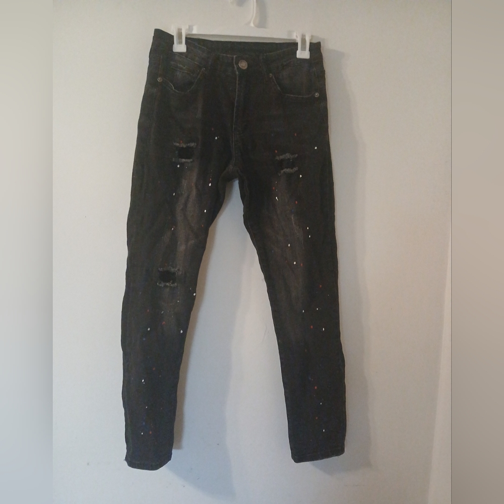 Distressed Men's Black Denim Jeans with Paint Splatter